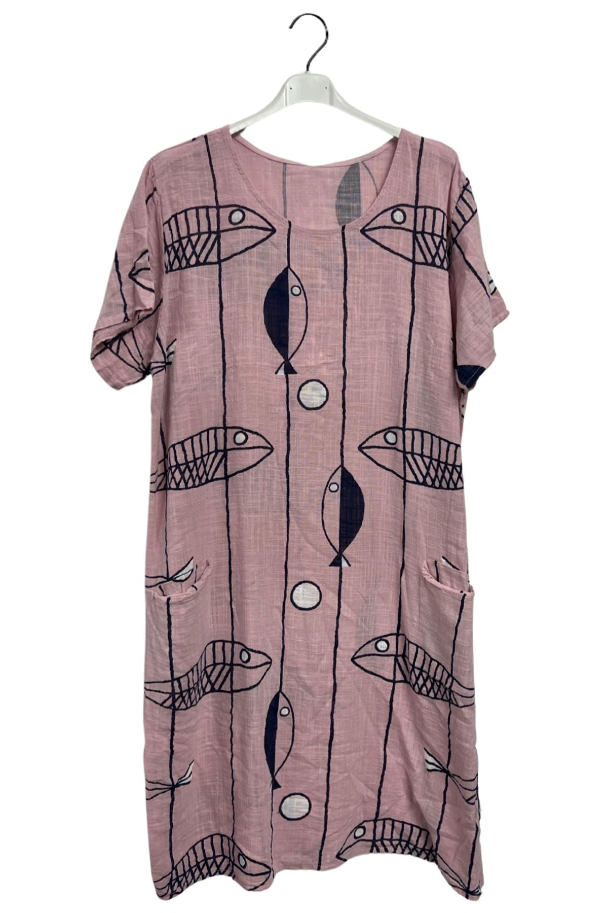Fish Stripe Print Front Two Pockets Cotton Dress