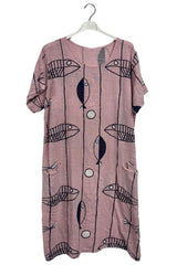 Fish Stripe Print Front Two Pockets Cotton Dress