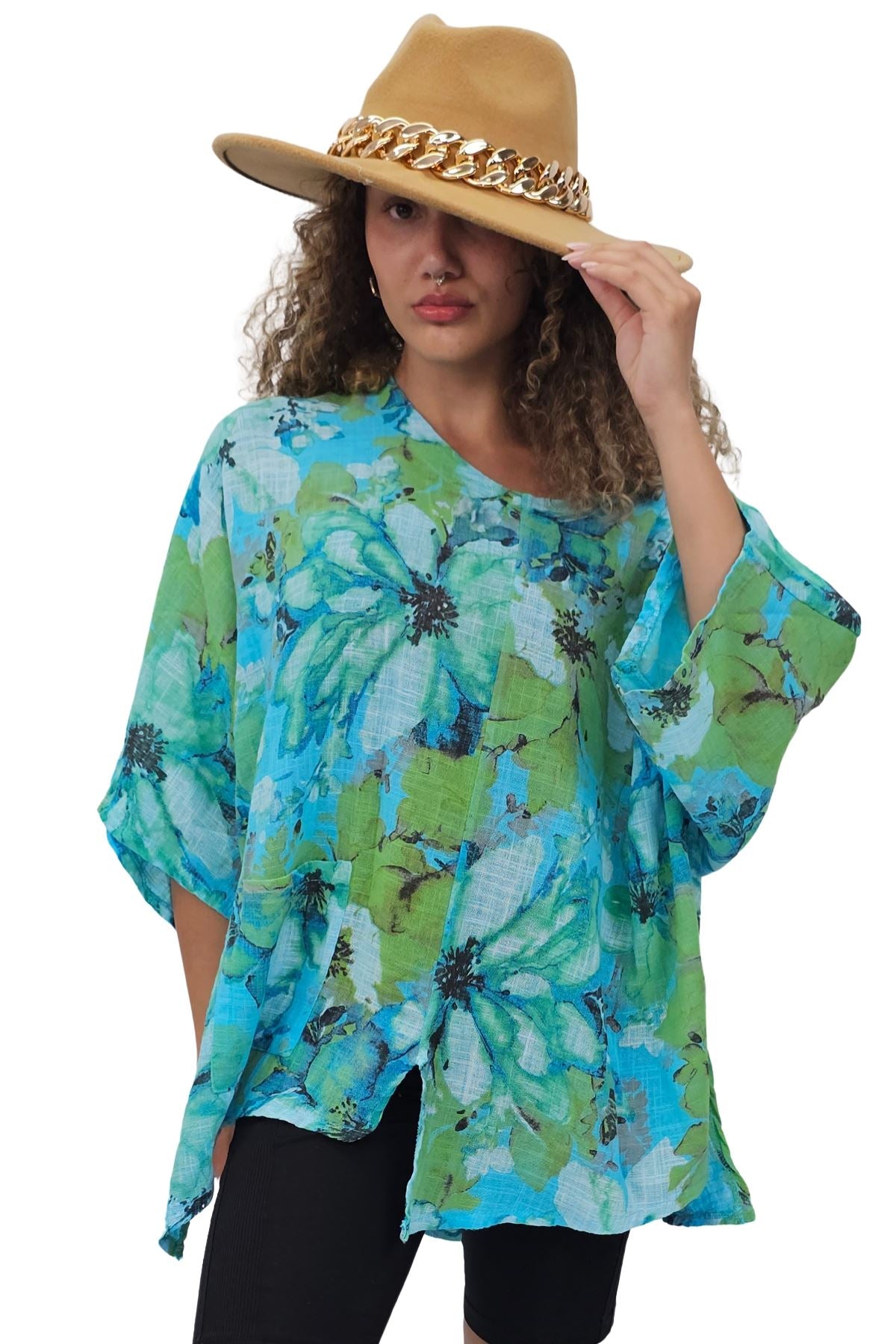 Floral Print Oversized Pocket Tunic Cotton Top