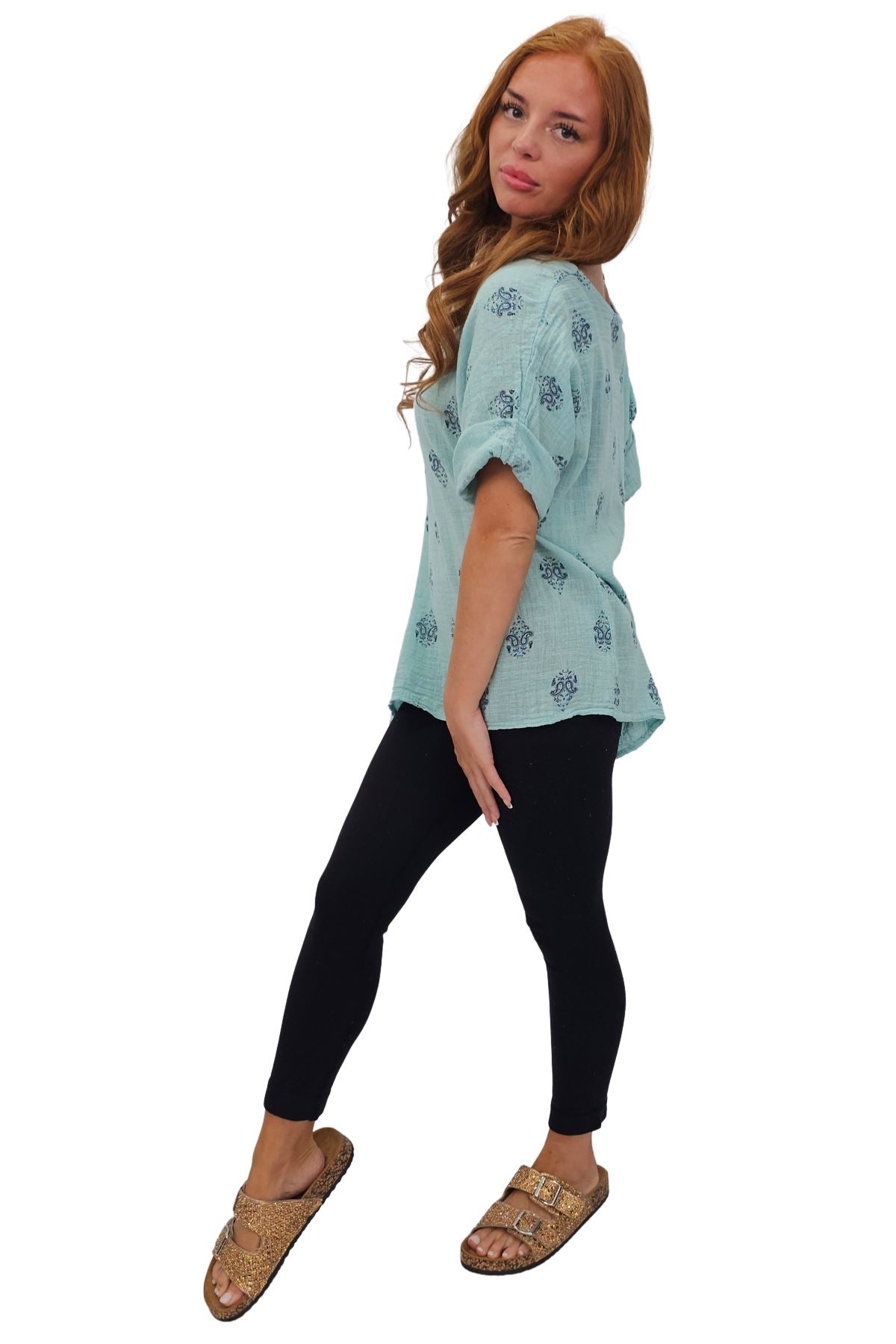 Block Print-Style Motifs Tunic Silhouette Cotton Top
