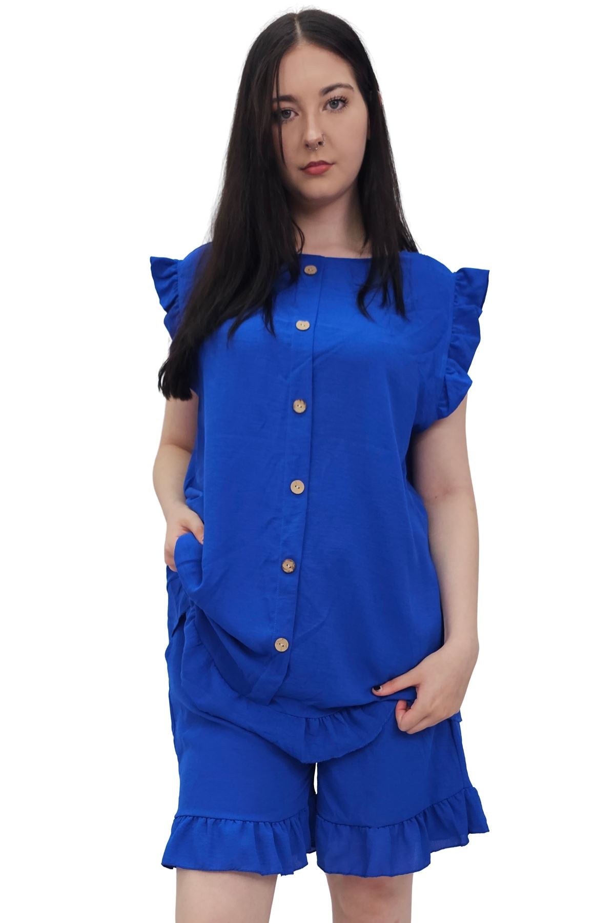 Plain Sleeveless Ruffle-Trimmed Co-Ord Set
