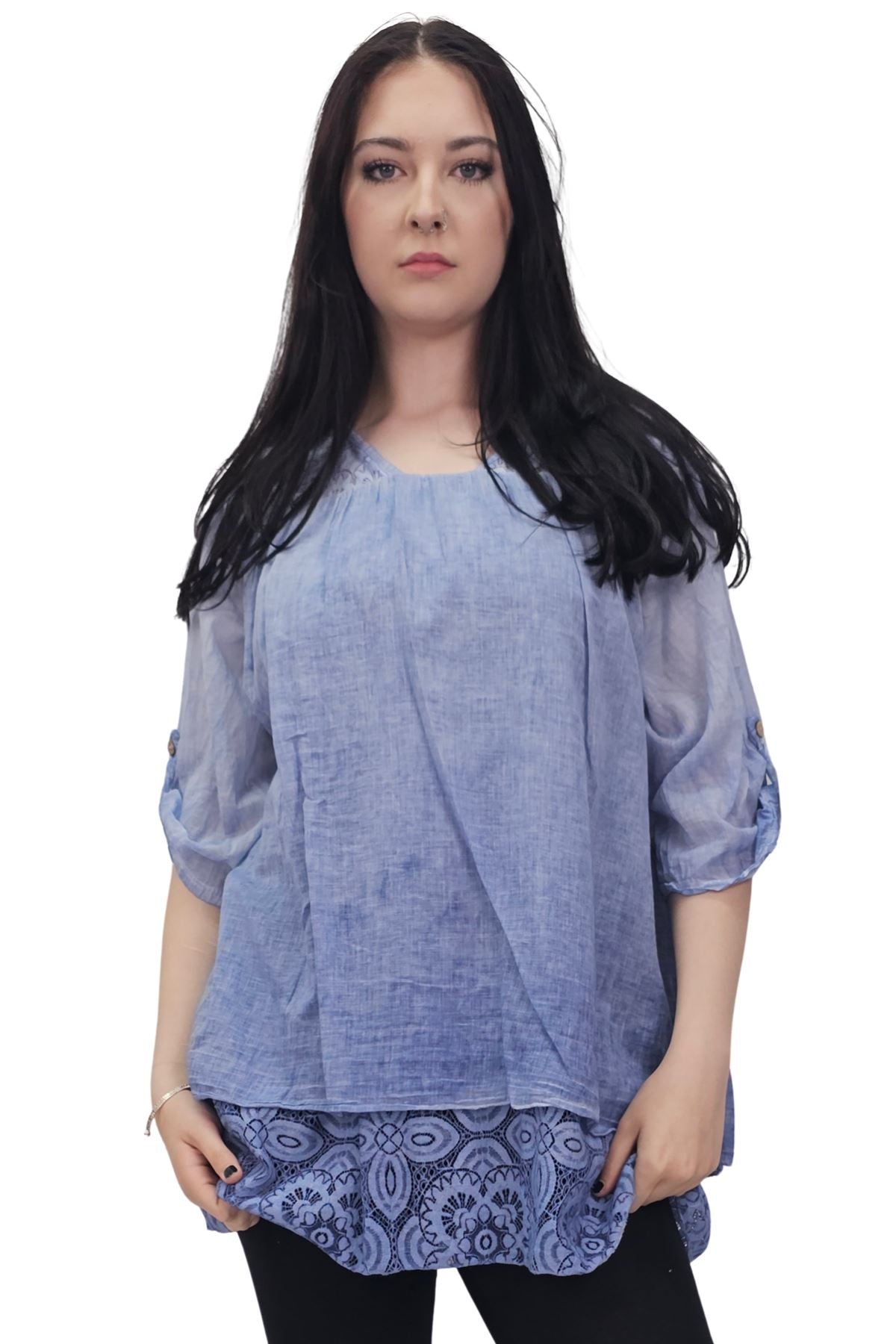 Floral Pattern Lace Detailing Layered Hem Cotton Top