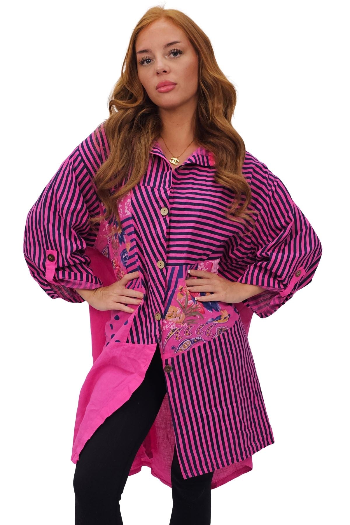 Vertical Stripes Polka Dot Print Full Front Buttons Linen Shirt