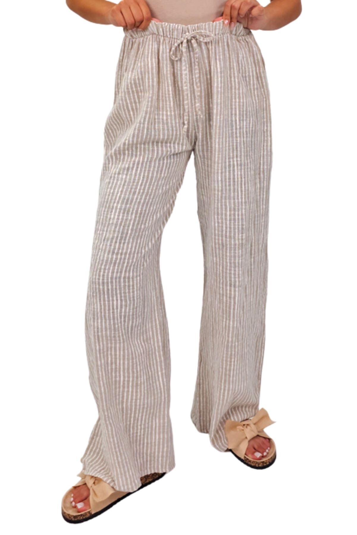 Stripe Print Elasticated Waistband Wide Leg Cotton Trousers