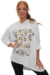 Leopard Foil Splash Print String Hoody High Low Hem Cotton Hoodie