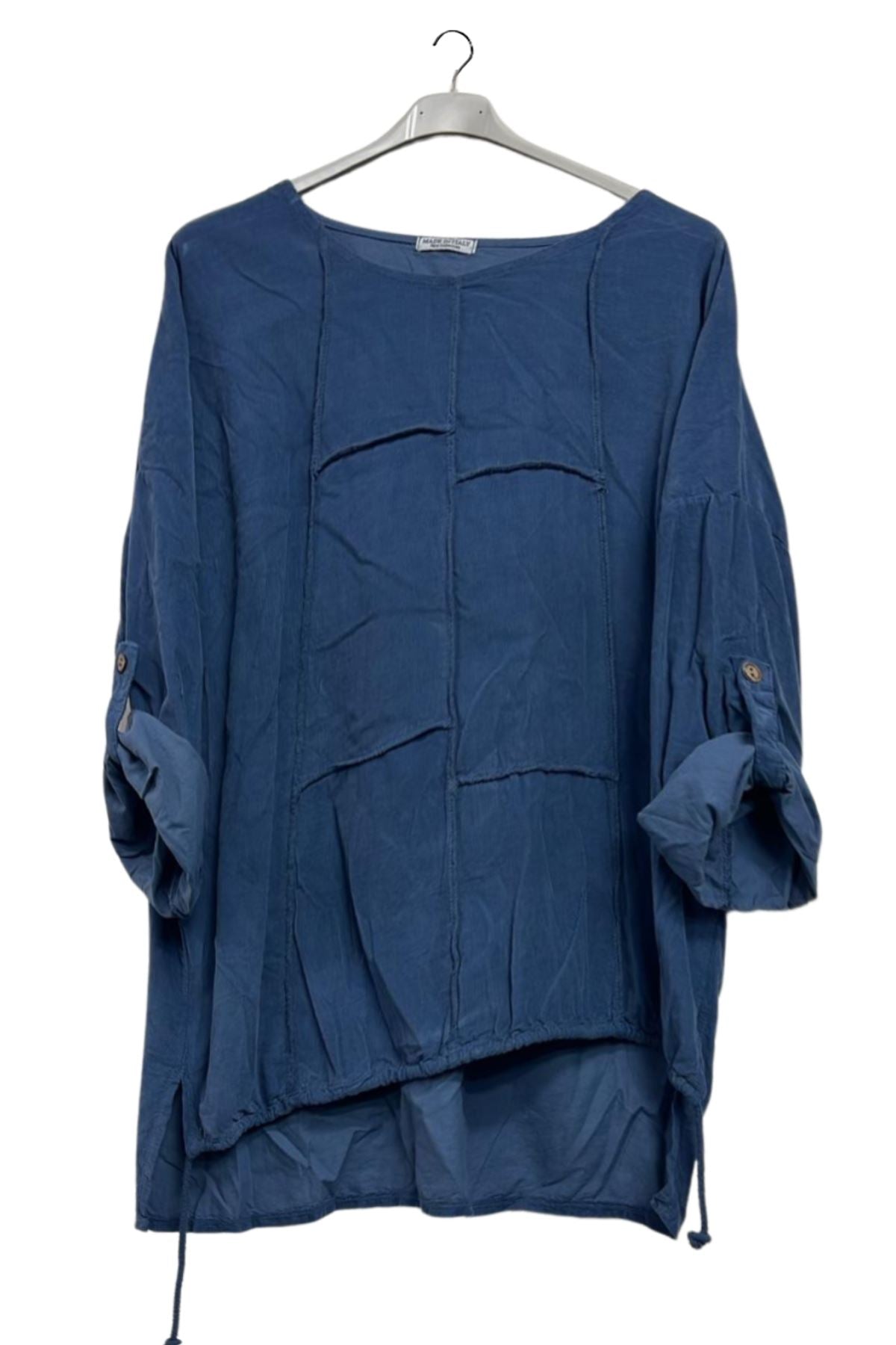 Plain Front Patch Detail High Low Drawstring Hem Cotton Top