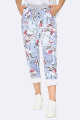 Cotton Floral Print Foldover Hem Trouser