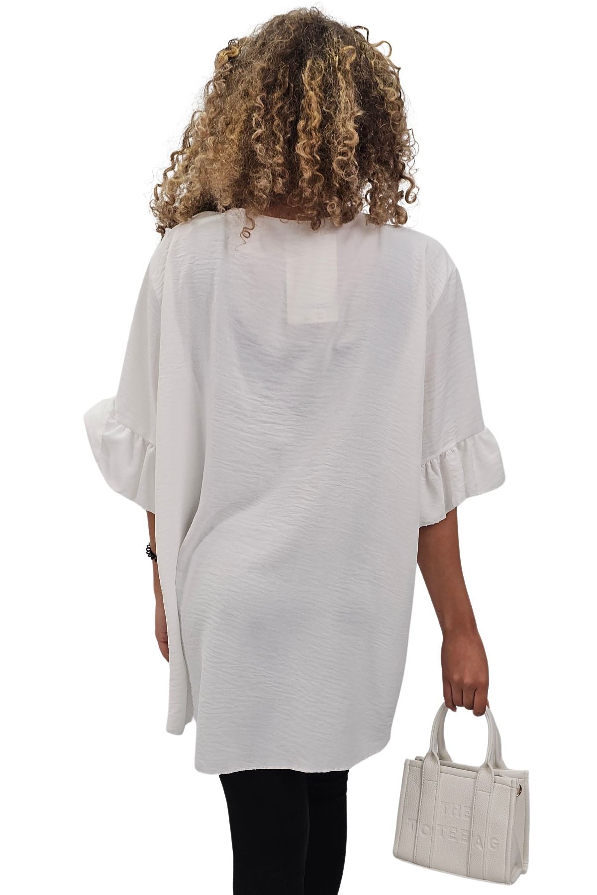 Plain Tie Neck Ruffle Sleeve Top