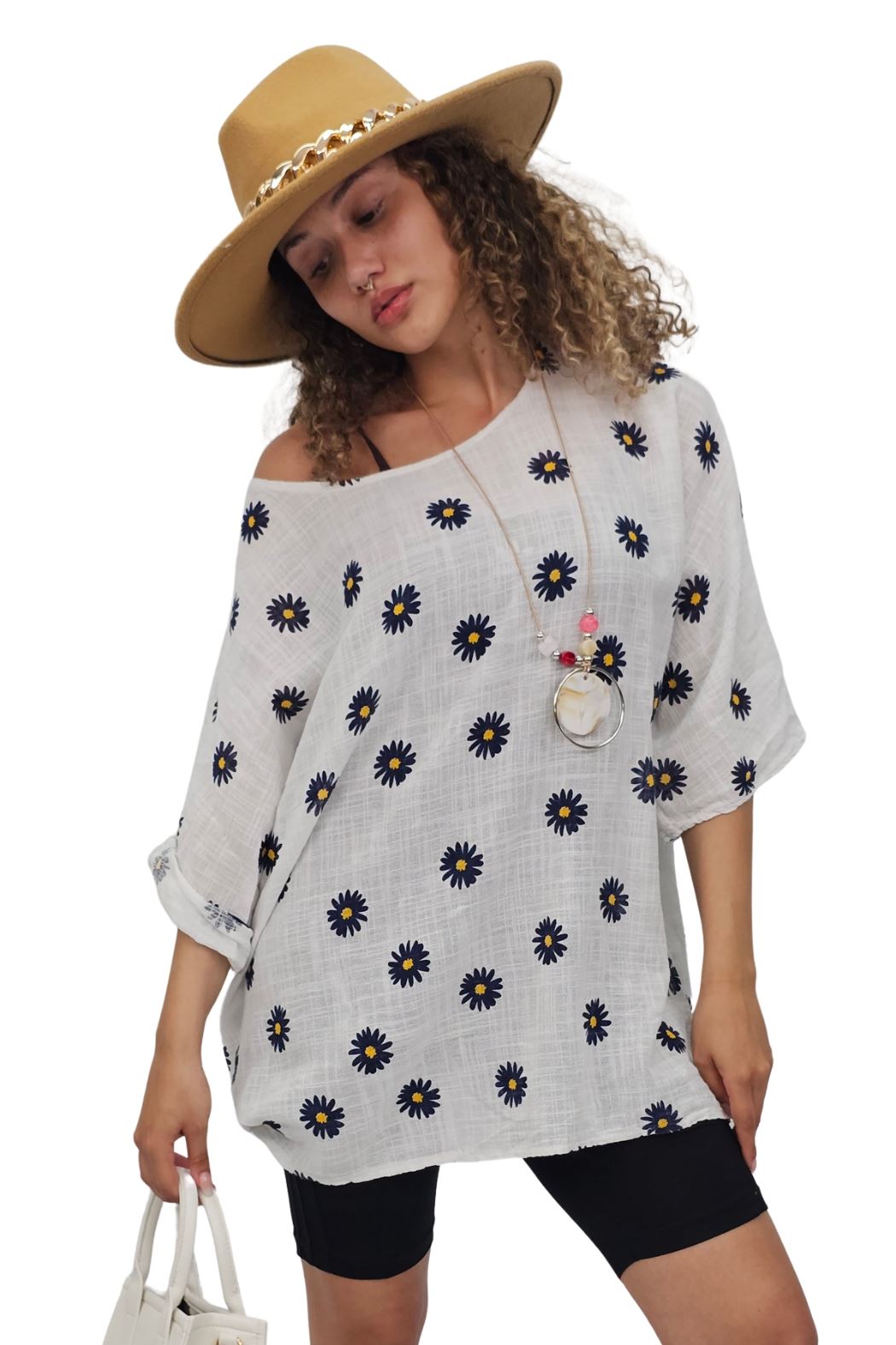 Daisy Flower Print Necklace Cotton Top
