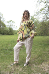Abstract Leaf Print Oversized Necklace Tunic Cotton Top