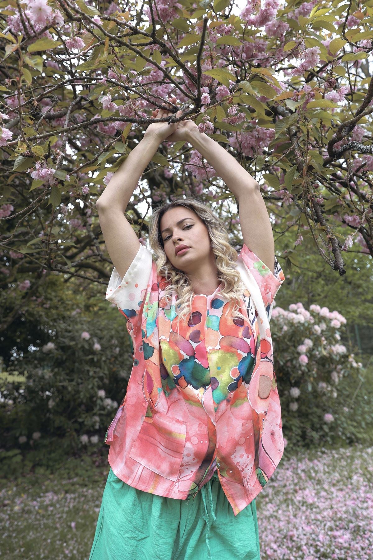 Abstract Watercolour-Style Print Asymmetrical Hemline Cotton Top