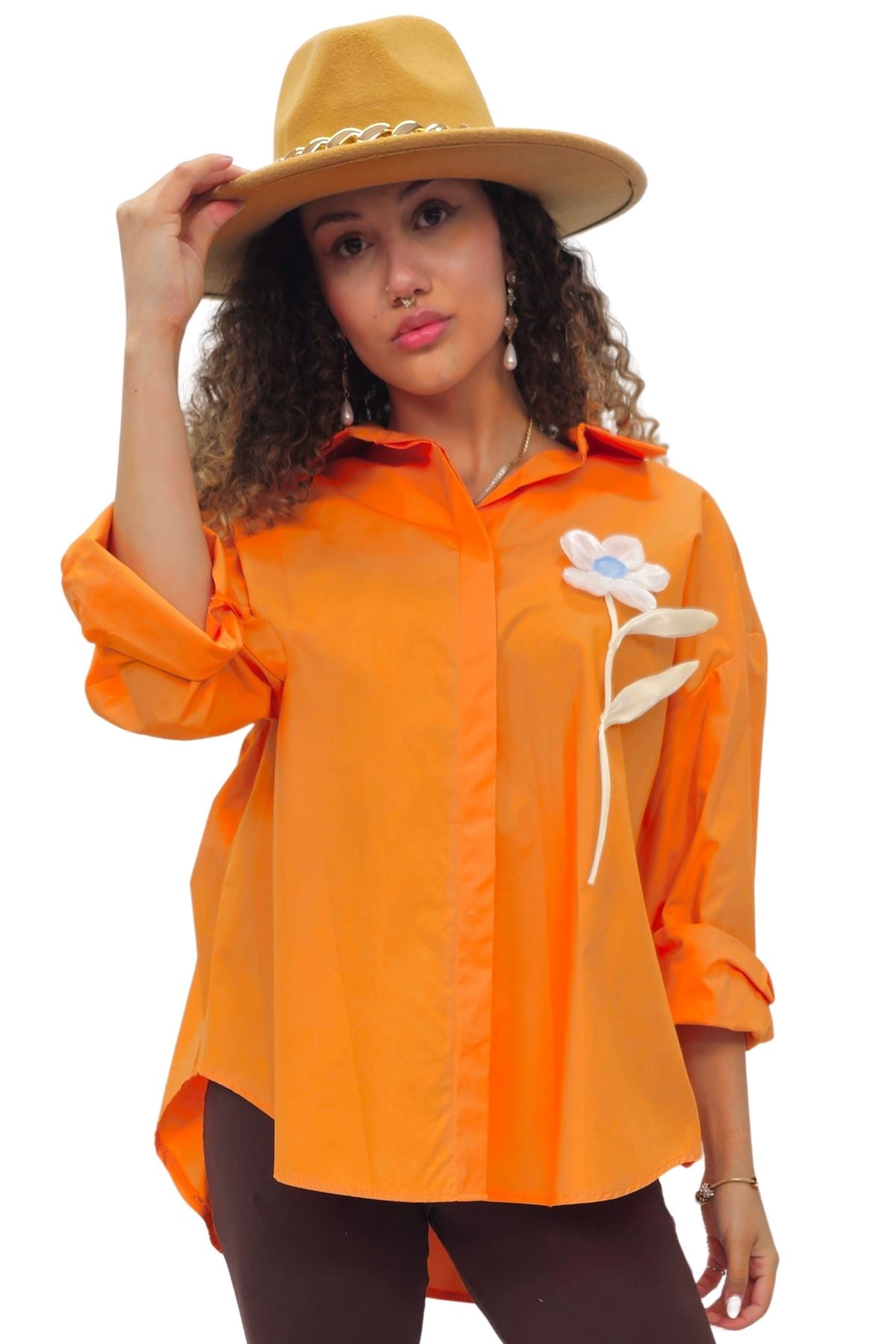 Flower Applique Pattern High Low Hem Shirt