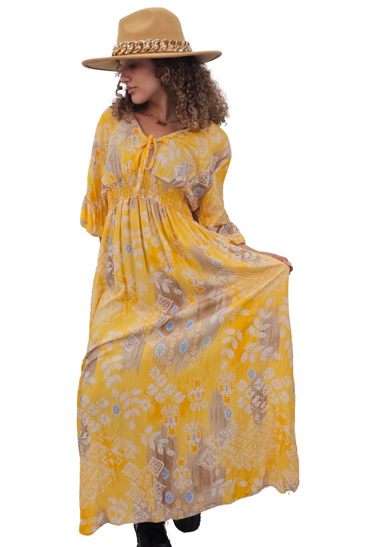 Leaves Print Gathered Waist Dress