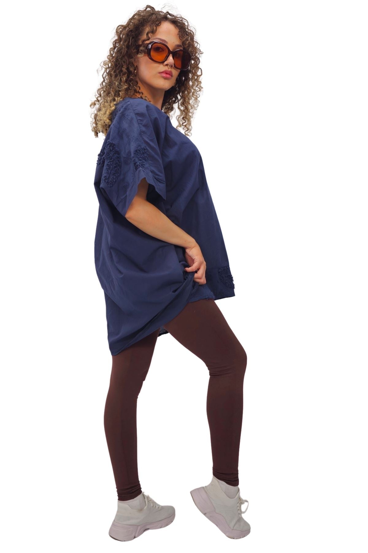 Plain Chest Pocket Lace Embroidered Detailing Cotton Top