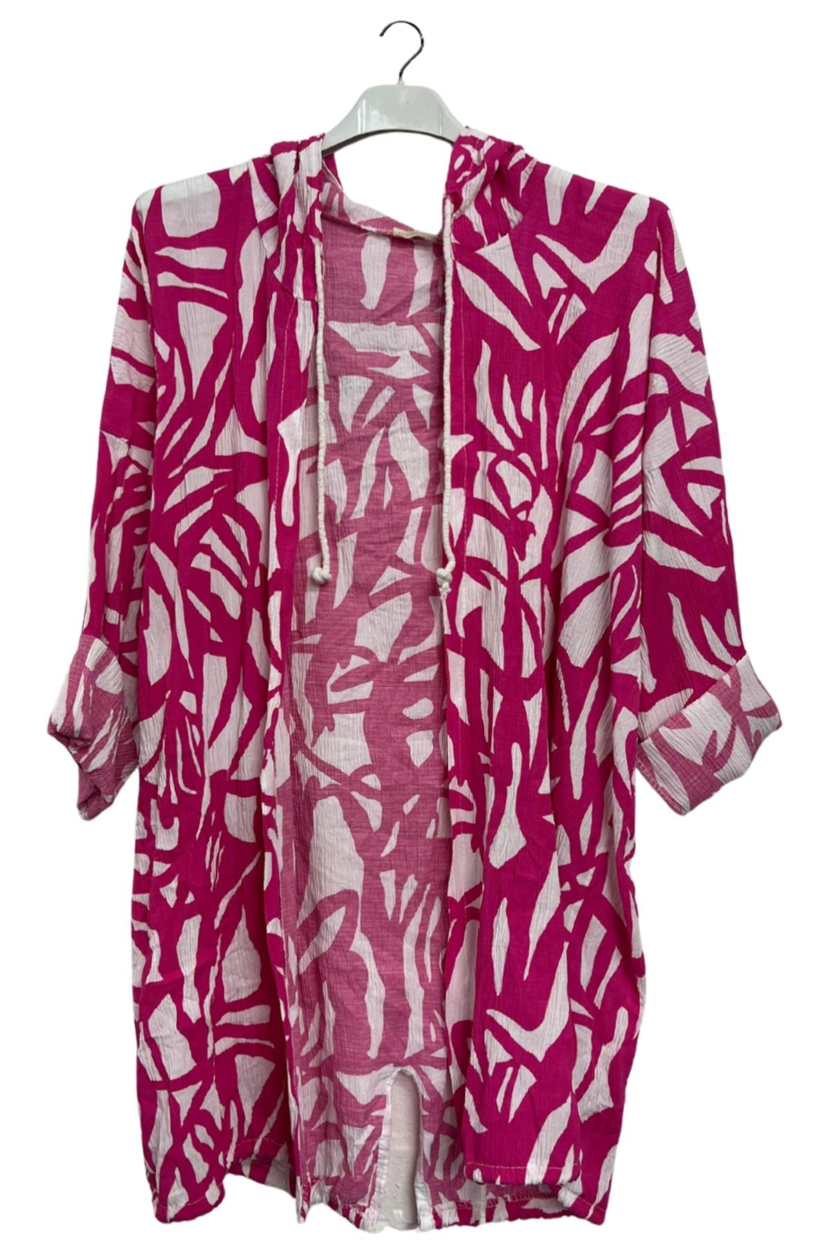 Bold Abstract leaf Print Drawstring Tie Front Cardigan