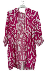 Bold Abstract leaf Print Drawstring Tie Front Cardigan