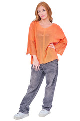 Plain Knit Style Oversized Batwing Cotton Top