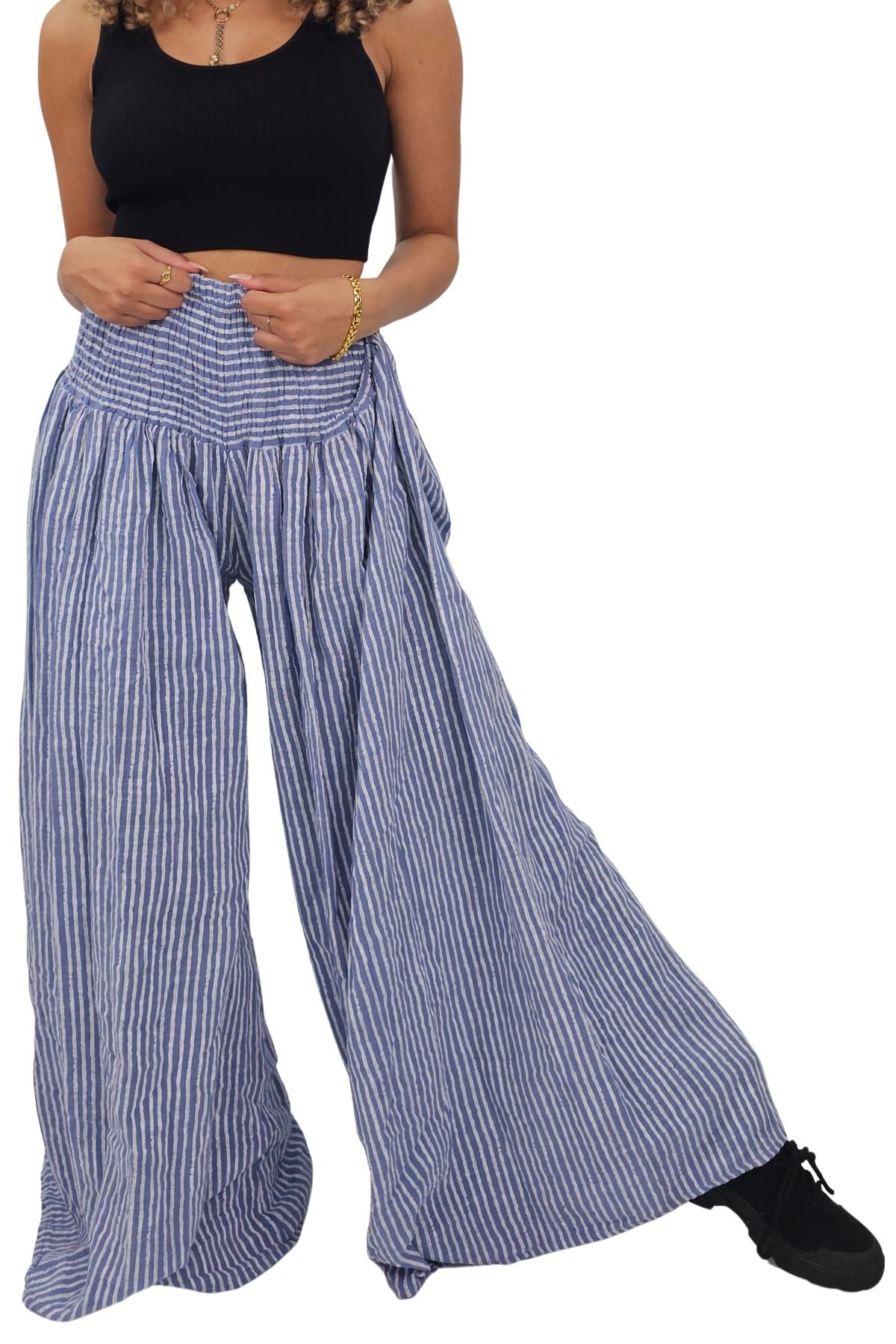 Vertical Stripes Print Smocked Waistband Wide Leg Cotton Palazzo
