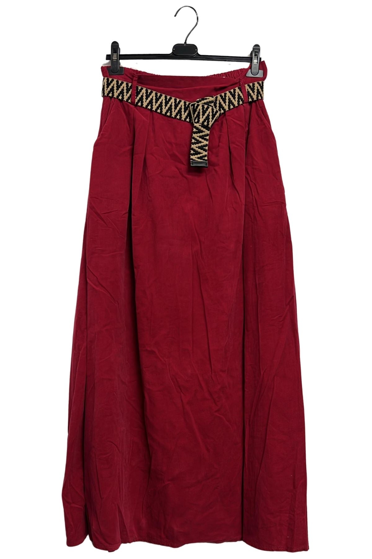 Plain Two Side Pockets Belted Cotton Skirt