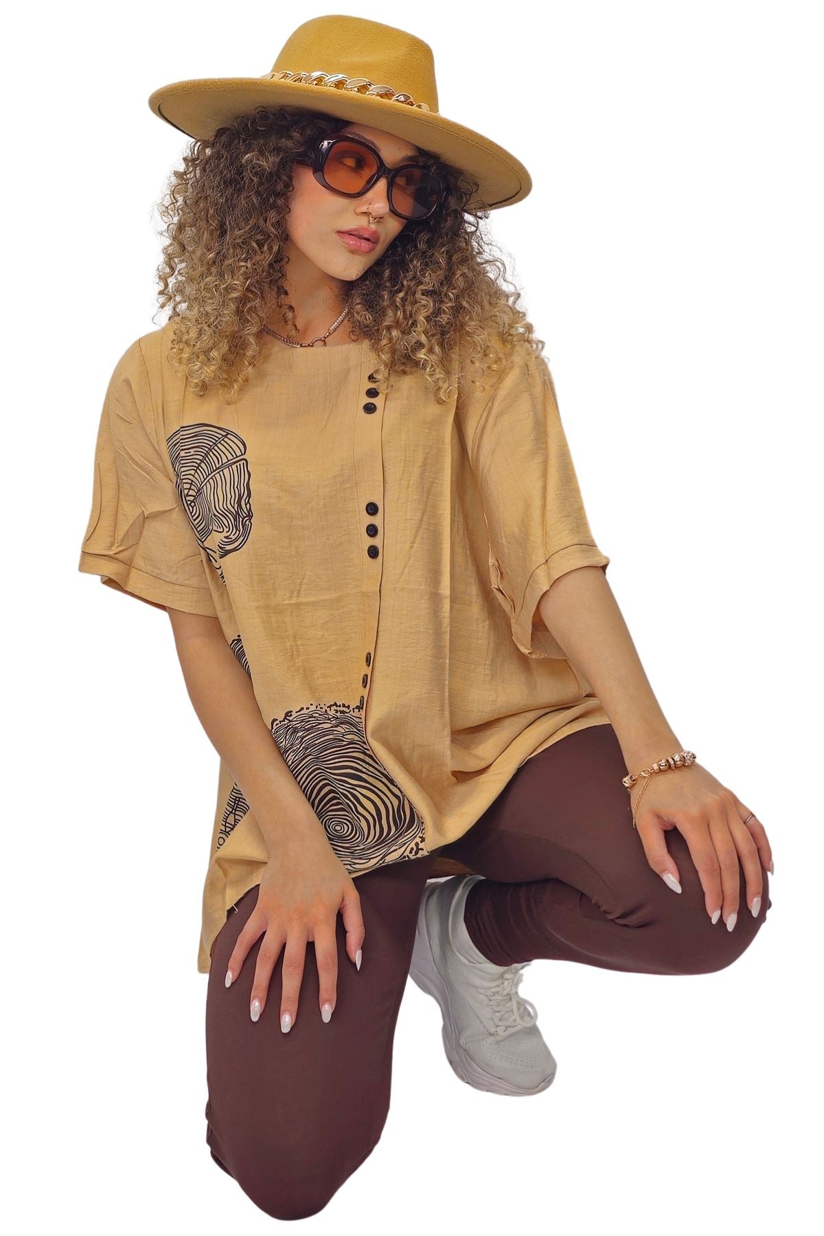 Tree Ring Print Front Button Detail Cotton Top