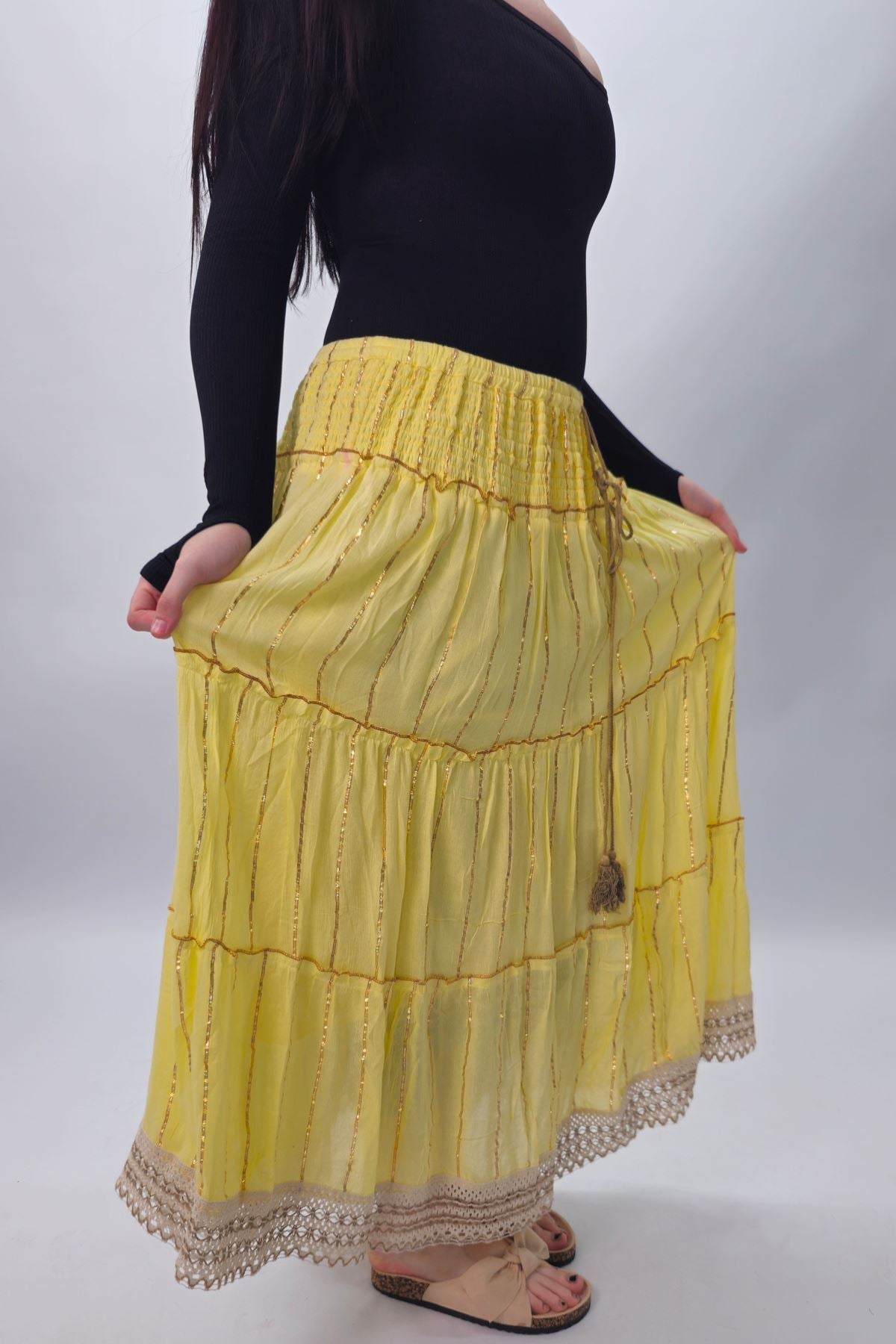Gold Stripe Pattern Layered Maxi Skirt