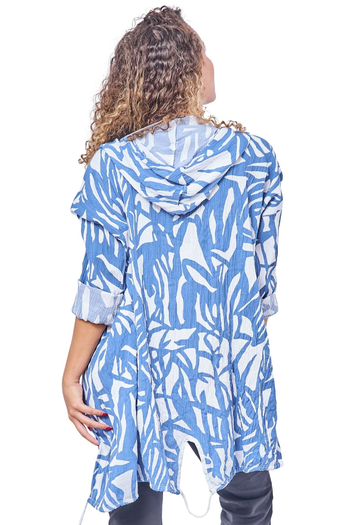 Bold Abstract leaf Print Drawstring Tie Front Cardigan