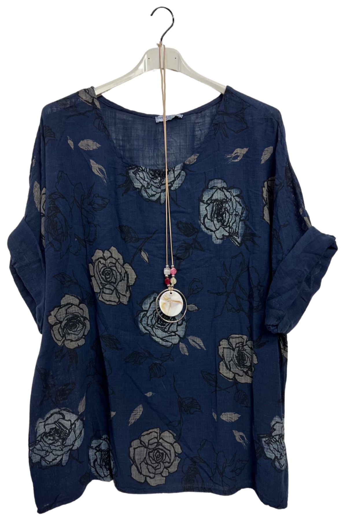 Rose Flower Print Oversized Necklace Tunic Cotton Top