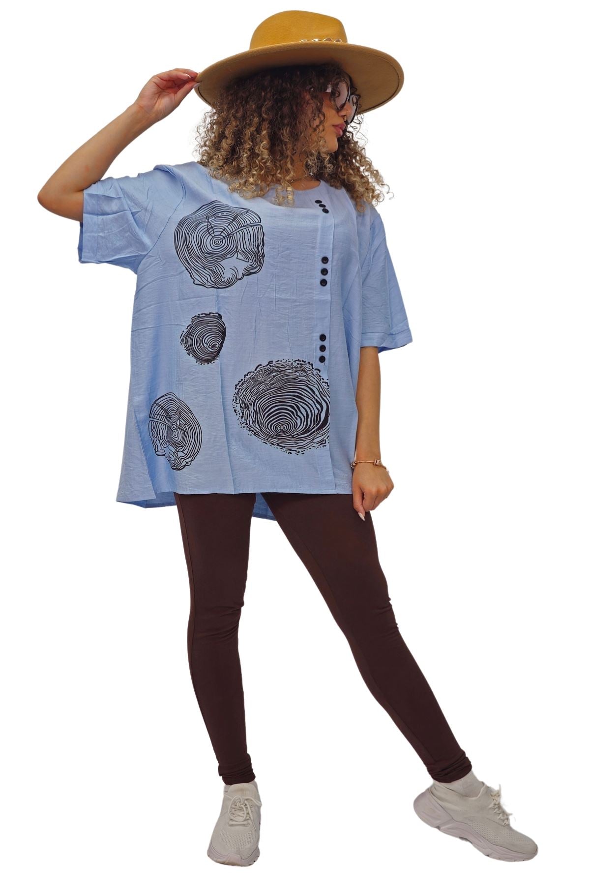 Tree Ring Print Front Button Detail Cotton Top