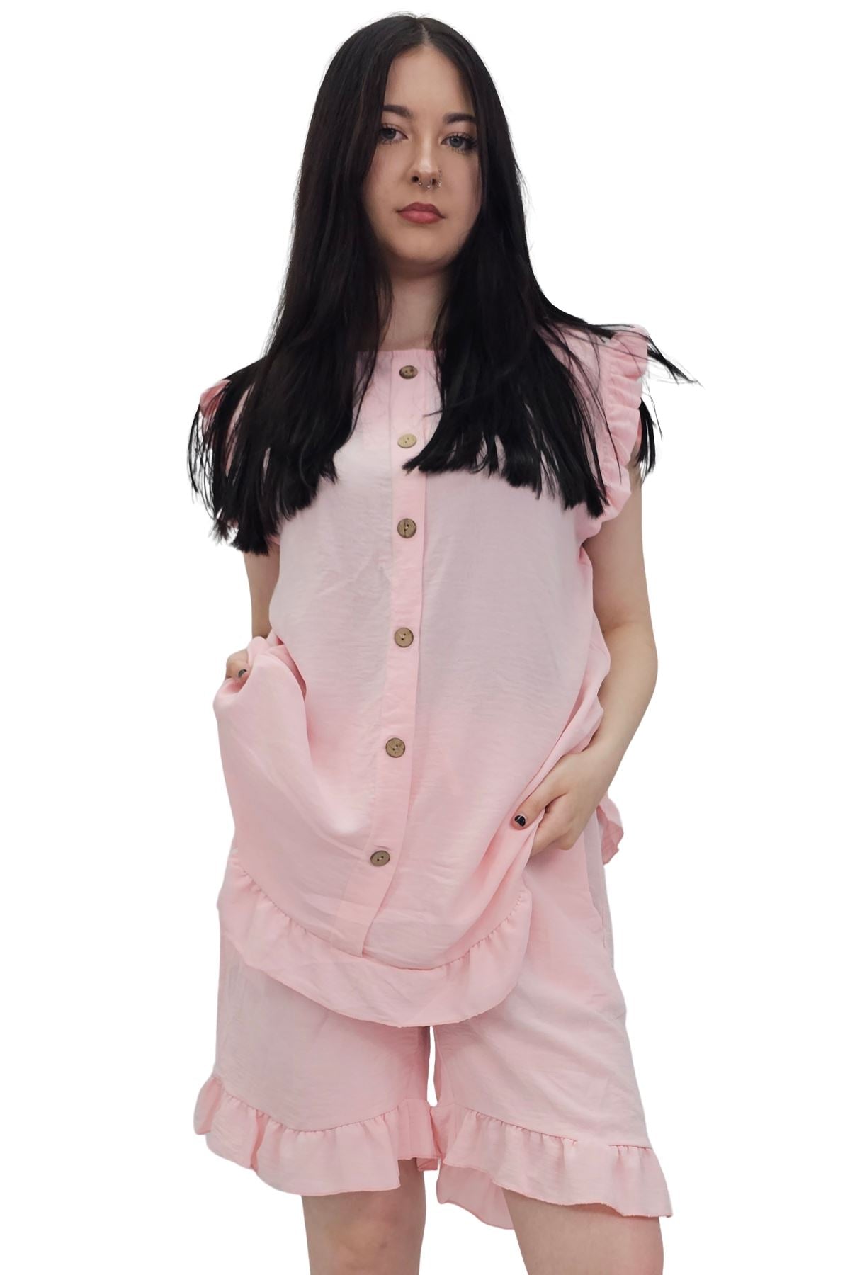 Plain Sleeveless Ruffle-Trimmed Co-Ord Set