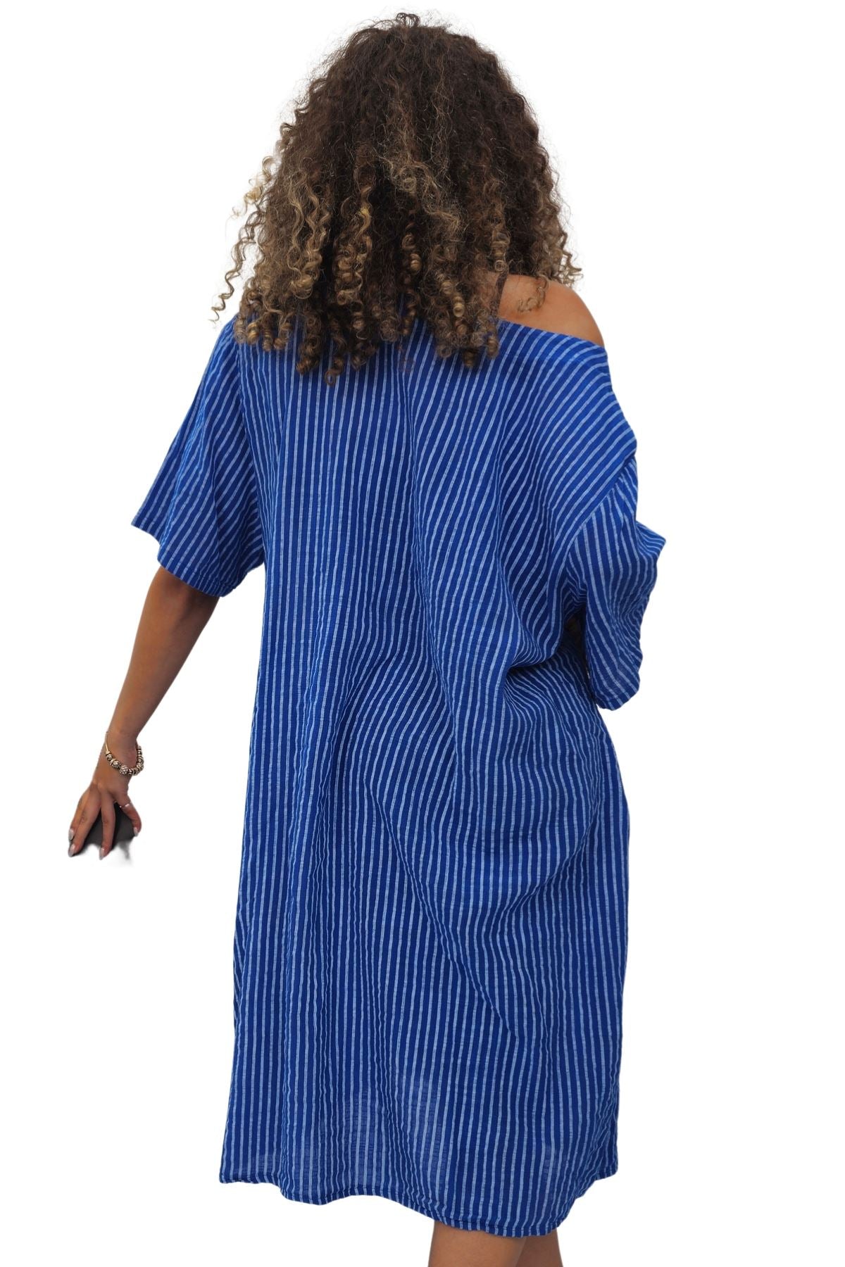 Vertical Stripes Print Two Side Pockets Cotton Dress