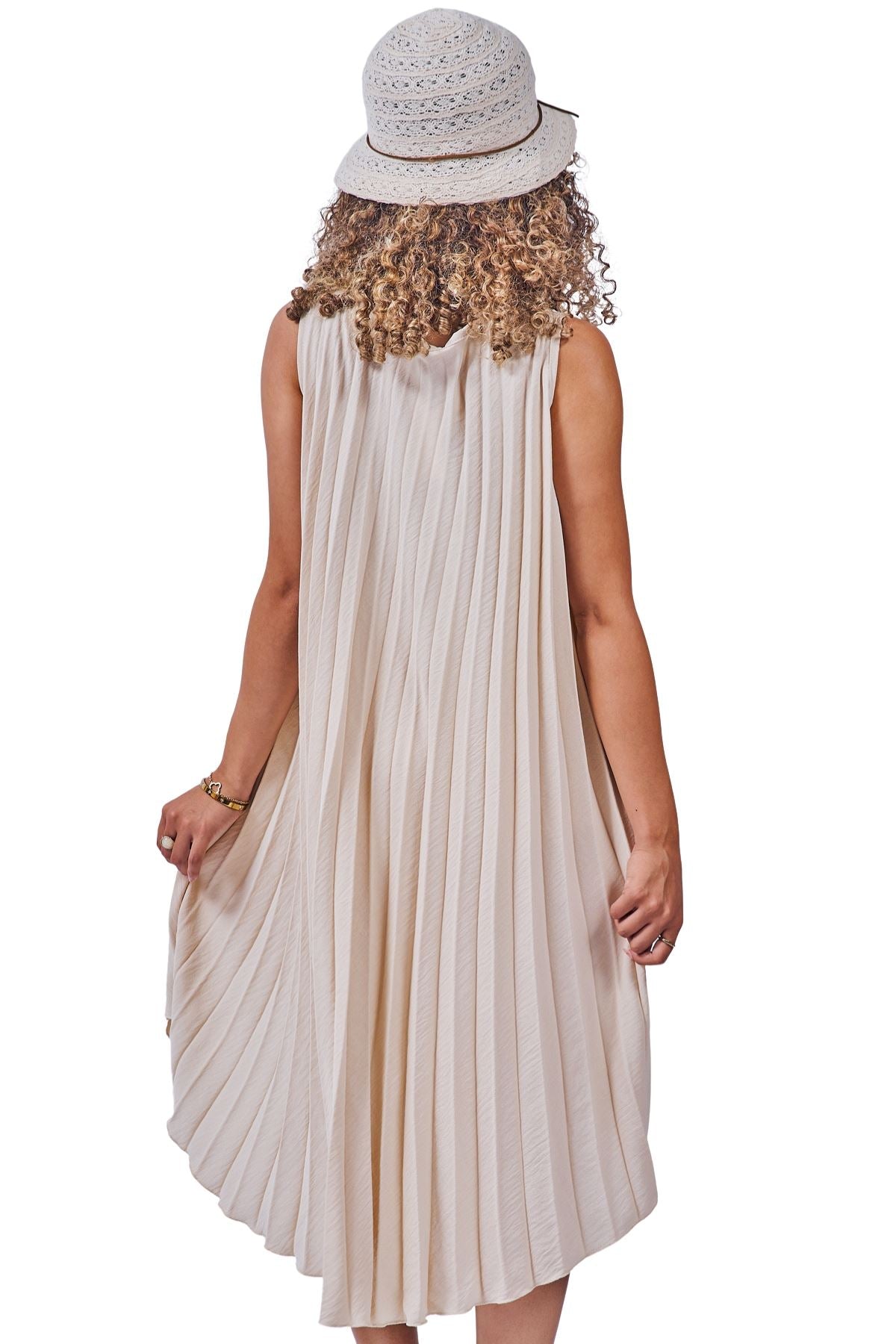 Plain Pleated Asymmetrical High-Low Hem Dress