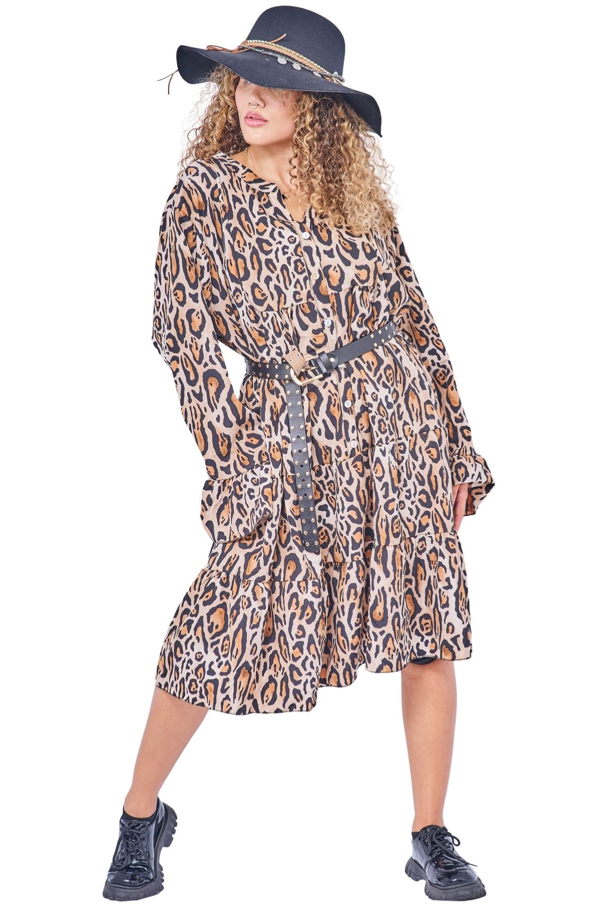 Leopards Print Tiered Button-Down Dress