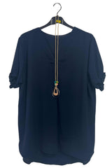 Plain Short Puff Sleeves Necklace Top