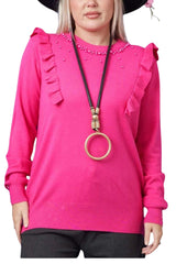 Pearls Side Chest Frill Ribbed Hem Soft Jumper
