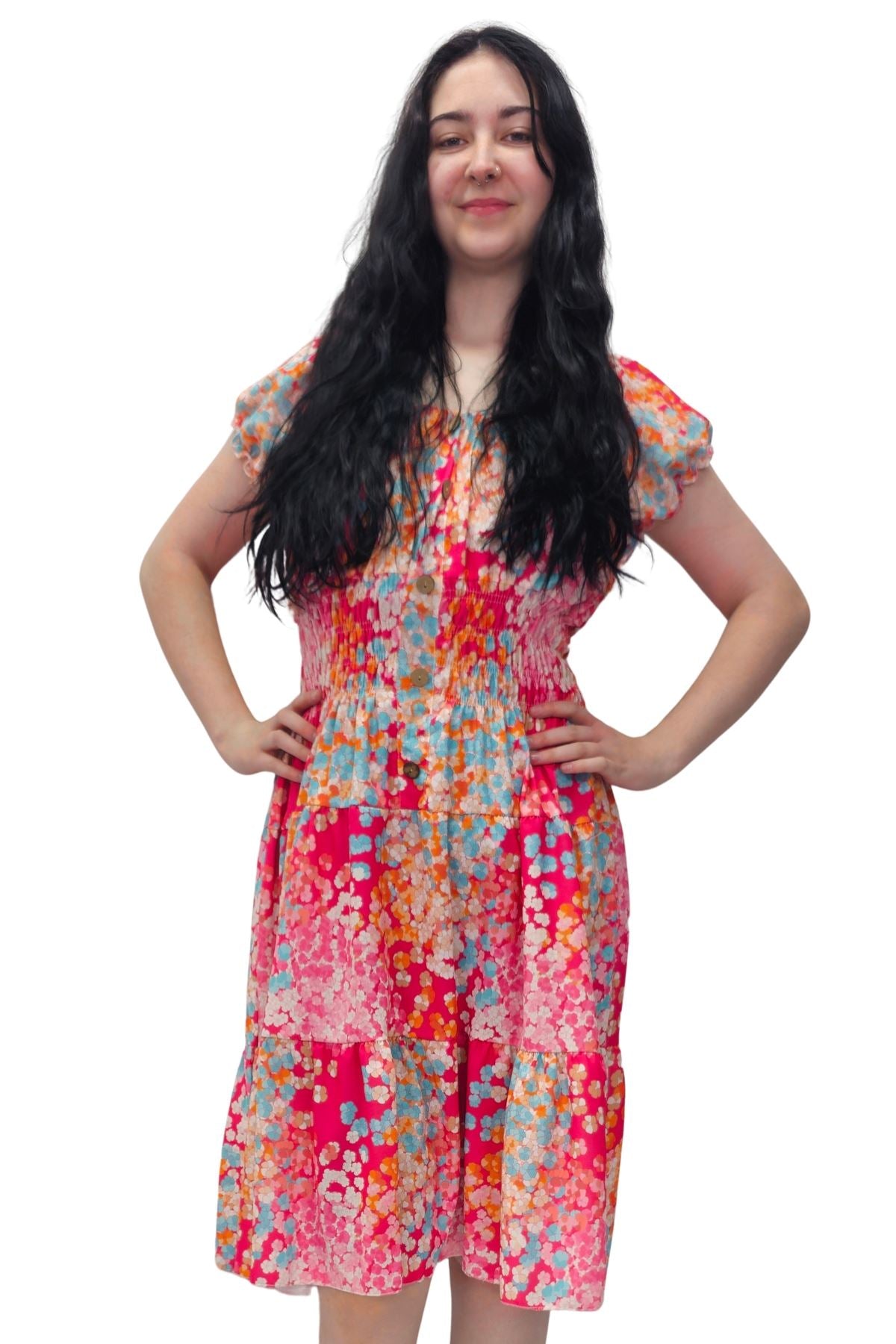 Abstract Floral Confetti-Like Dot Pattern Button Down Front Dress
