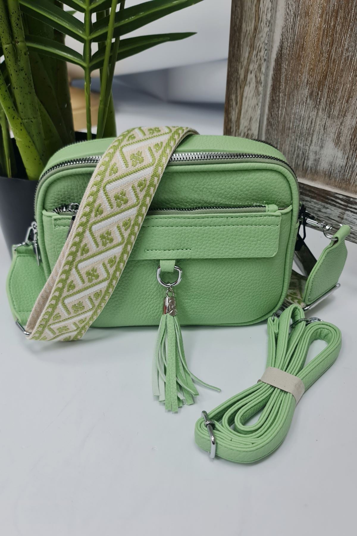 Adjustable Patterned Strap Tassel Shoulder Bag