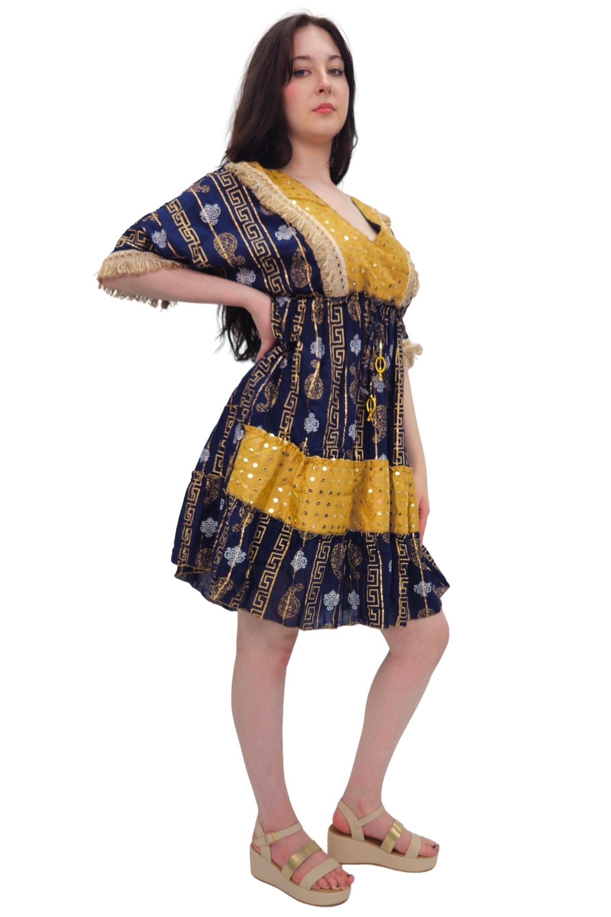 Foil Greek Key Paisley Print Lace Patch Work Dress