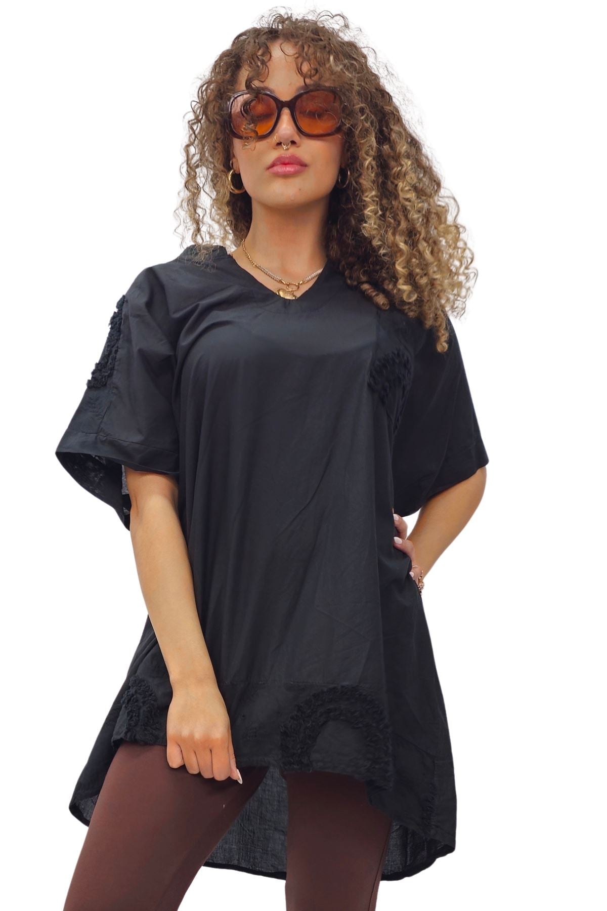 Plain Chest Pocket Lace Embroidered Detailing Cotton Top
