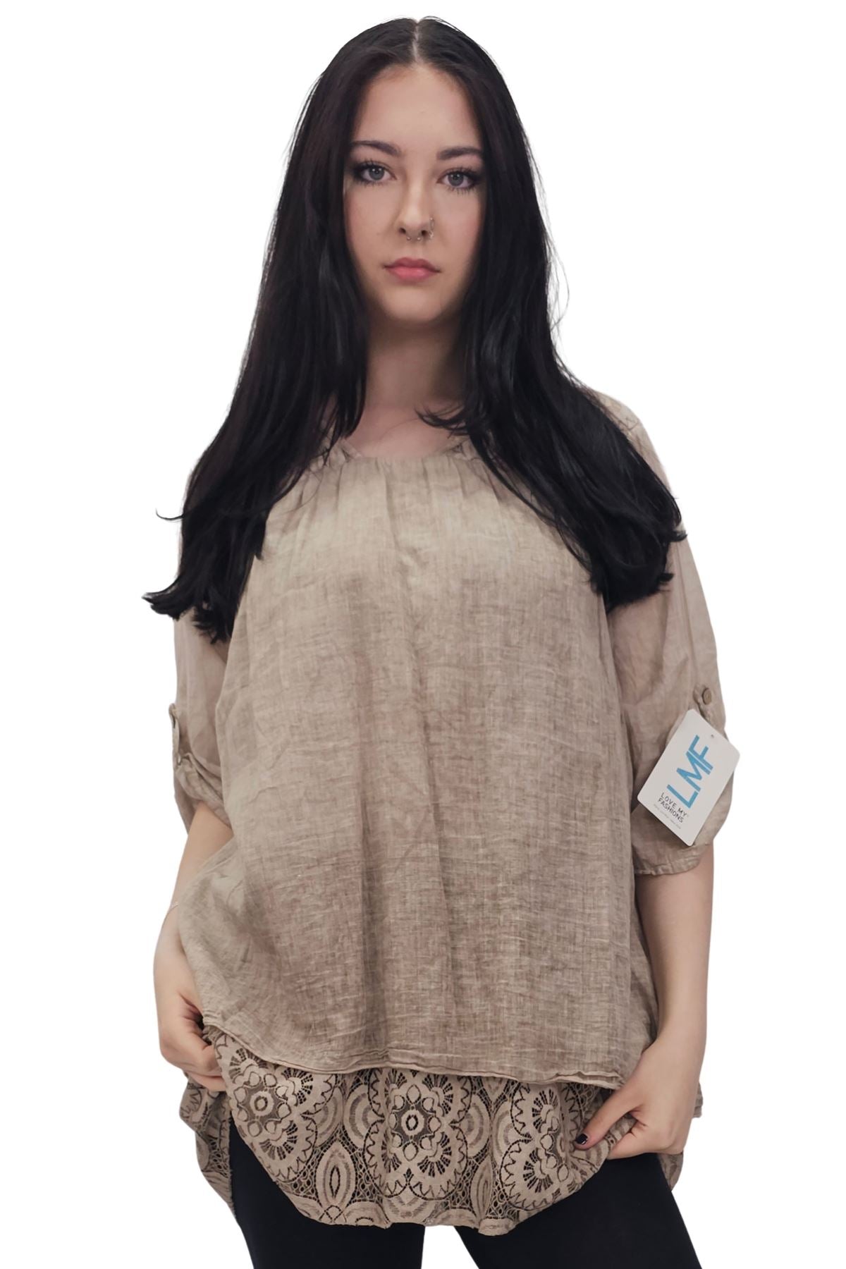 Floral Pattern Lace Detailing Layered Hem Cotton Top