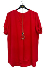 Plain Short Puff Sleeves Necklace Top