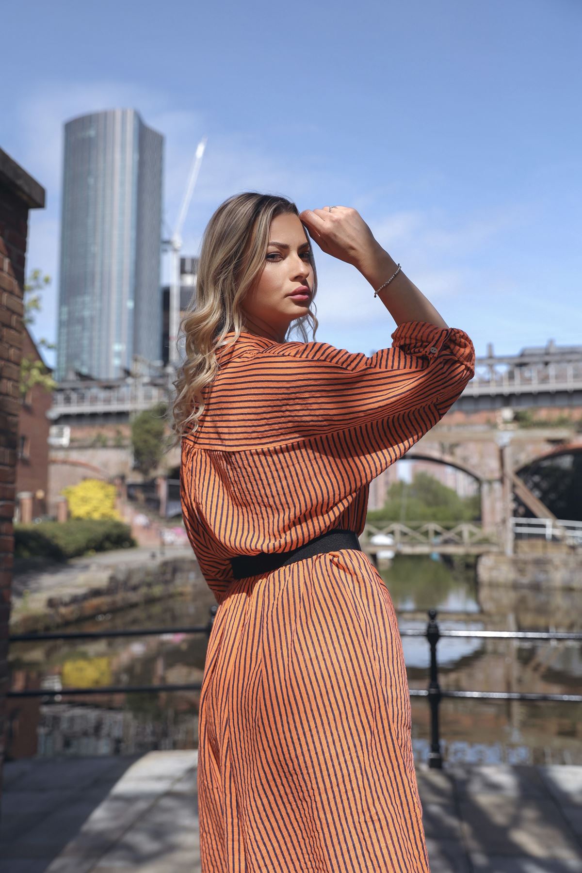 Vertical Pinstripes Print Two Chest Patch Pockets Cotton Dress