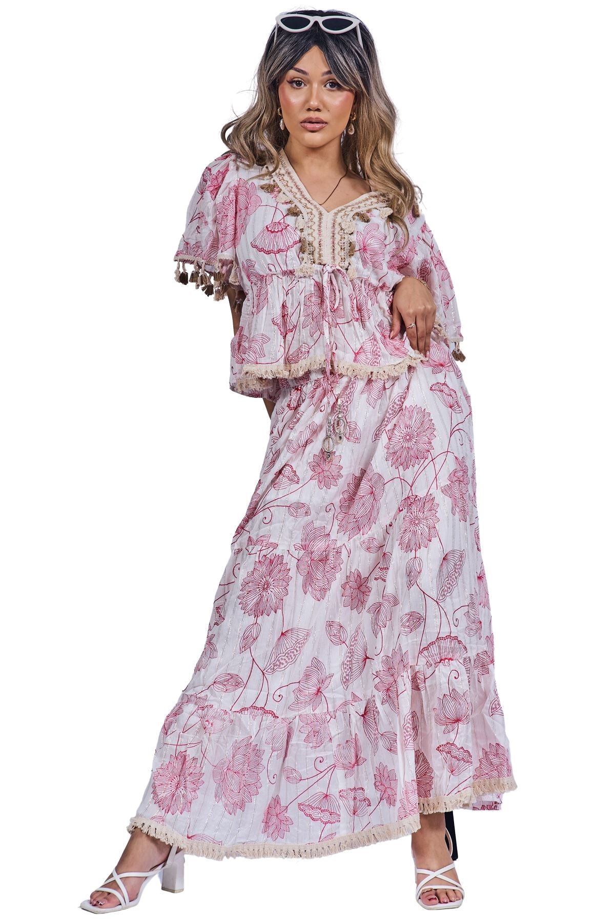 Leave Print 2 Piece Crop Top and Skirt Boho Style Co-Ord Set