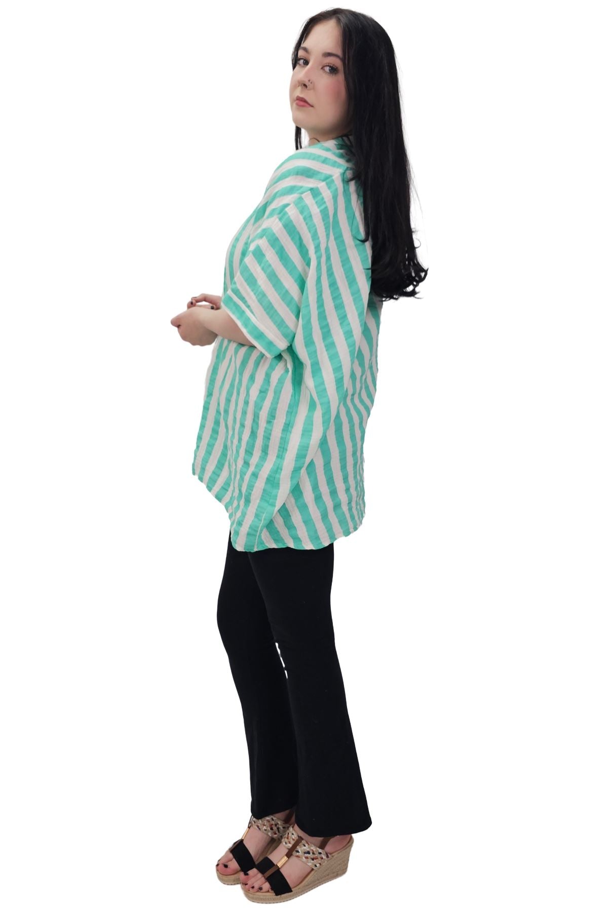 Vertical Stripes Print Front Button Down Cotton Shirt