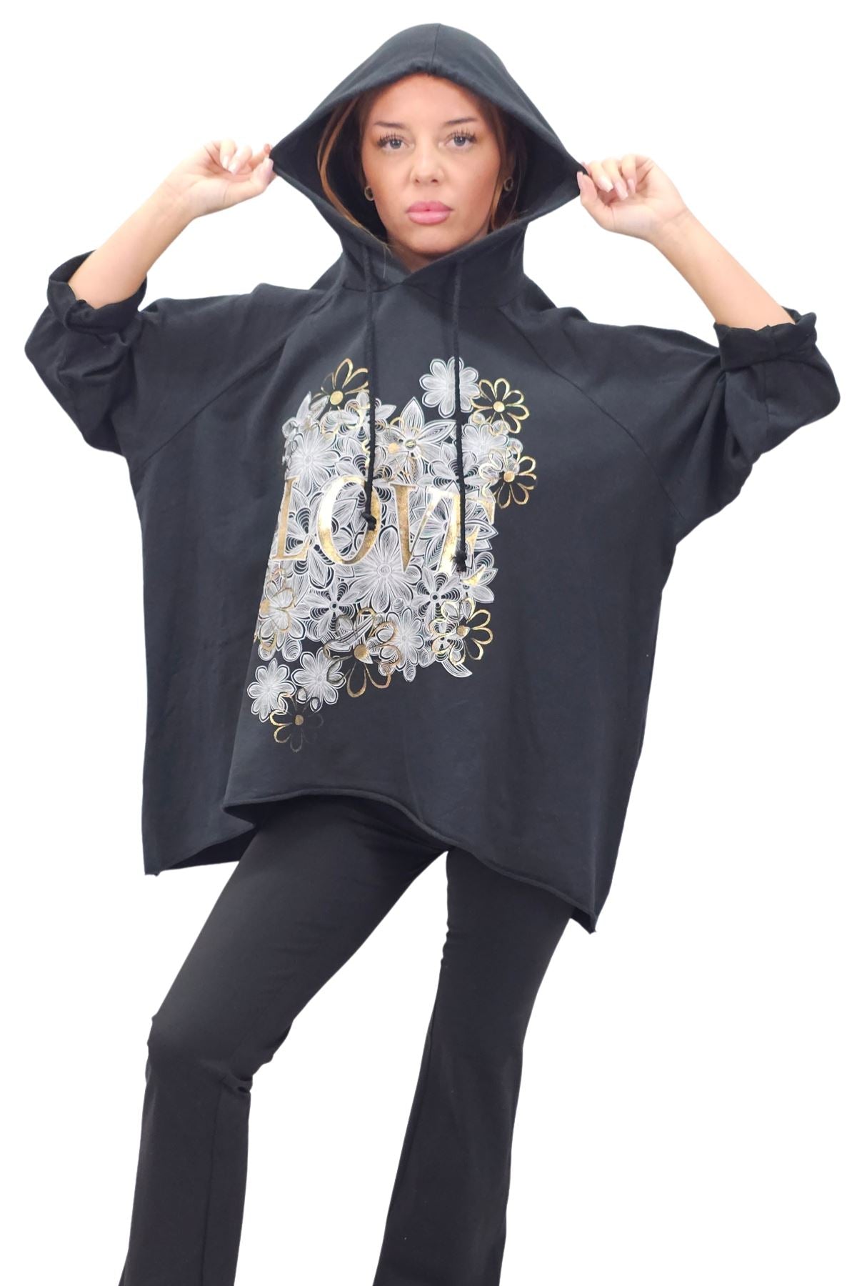 Love Flower Foil Print String Hoody High Low Hem Cotton Hoodie