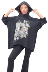 Love Flower Foil Print String Hoody High Low Hem Cotton Hoodie