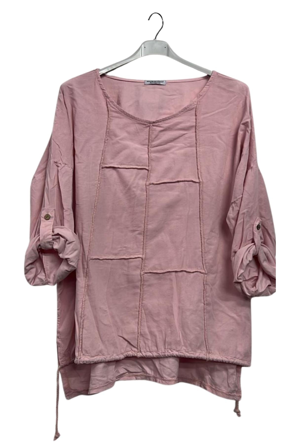 Plain Front Patch Detail High Low Drawstring Hem Cotton Top