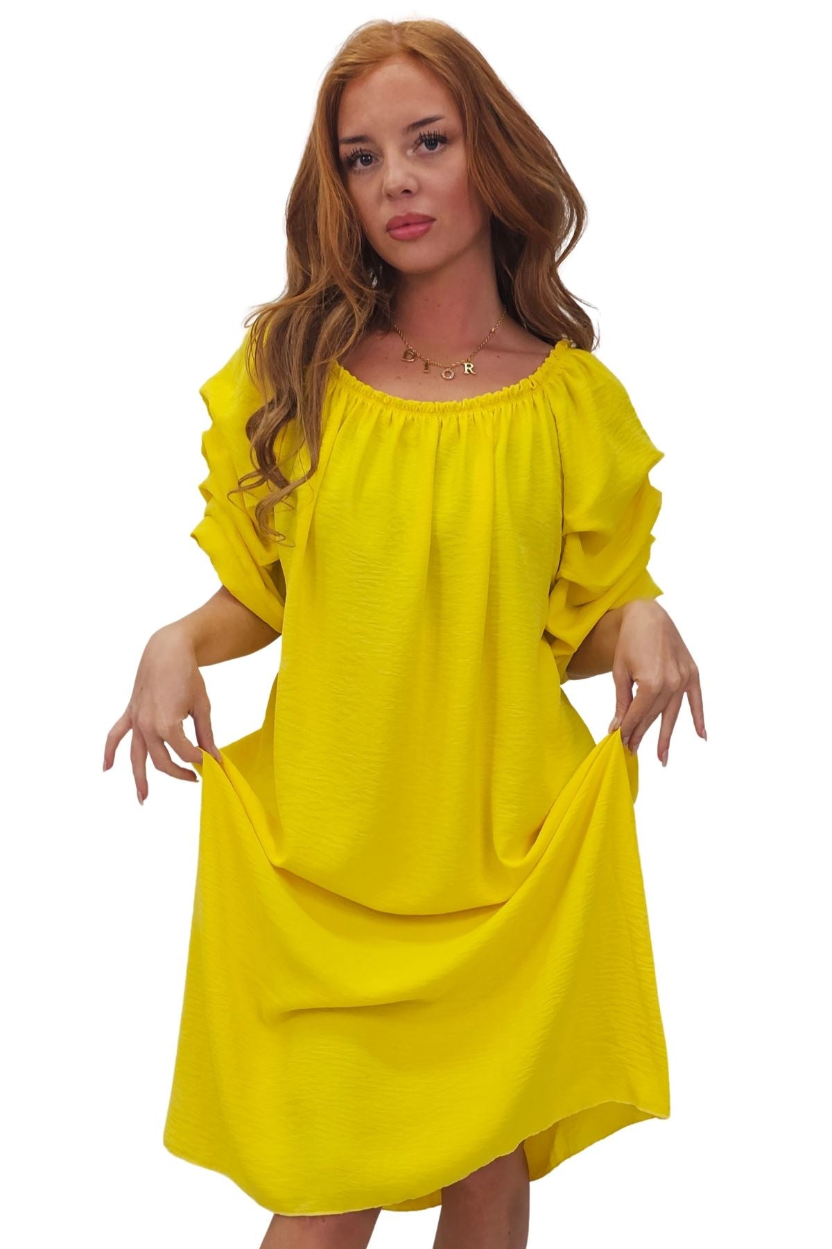 Plain Puff Sleeves Layered Detail Dress