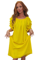 Plain Puff Sleeves Layered Detail Dress