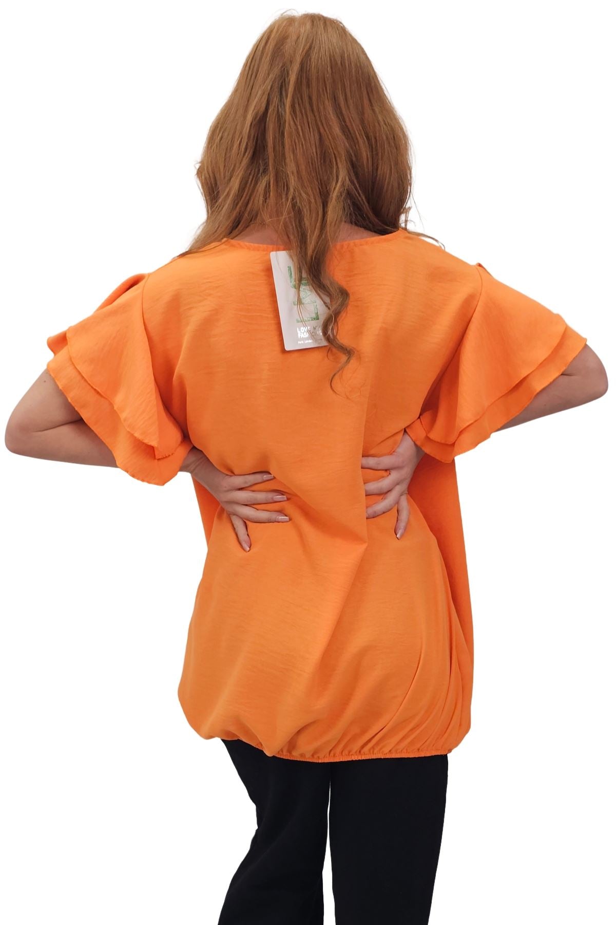 Plain Flutter Sleeves Elastic Hemline Top