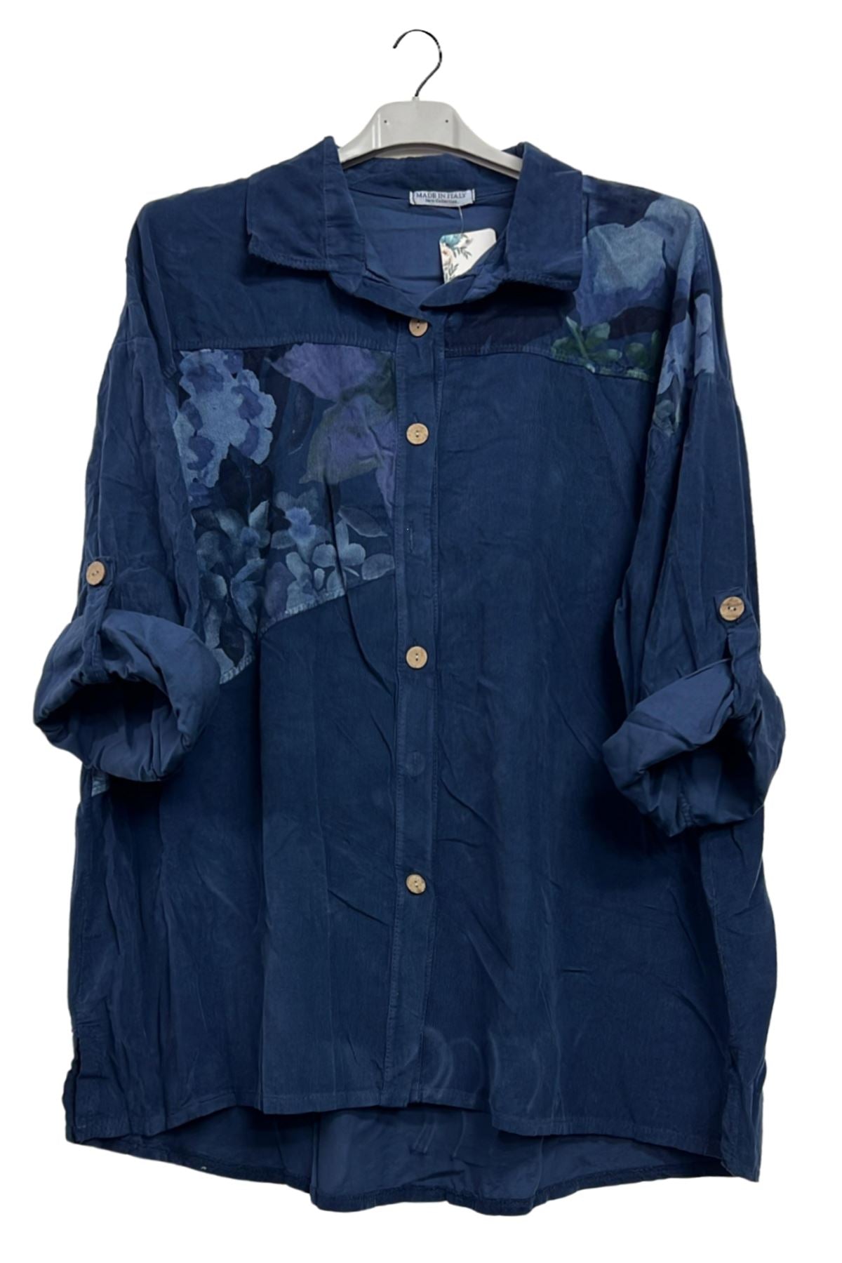 Abstract Floral Patch Print Button-Up High Low Hem Cotton Shirt